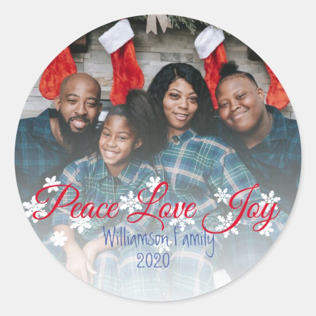 Sticker Rond Peace Love Joy Rouge Script Votre Photo (Devant)