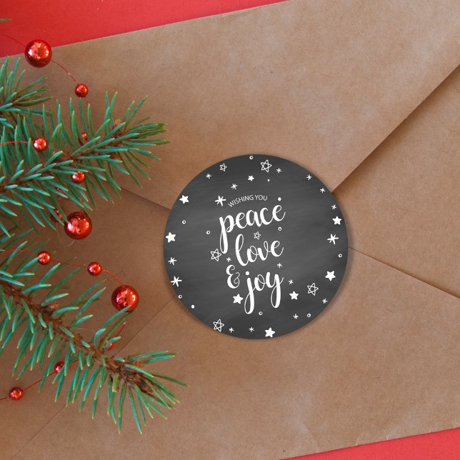 Sticker Rond Peace Love Joy Star Noël Holiday (Peace Love Joy Star Christmas Holiday Classic Round Sticker)