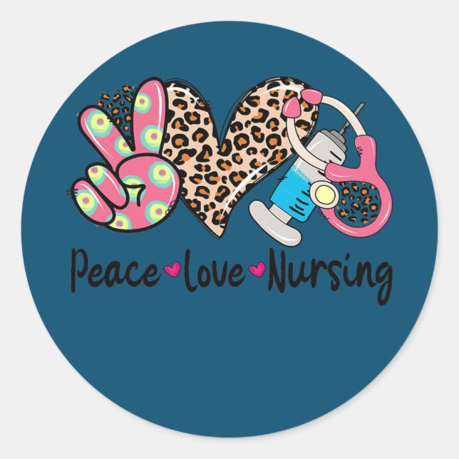 Sticker Rond Peace Love Nursing Stethoscope Leopard Cute Nurse (Devant)