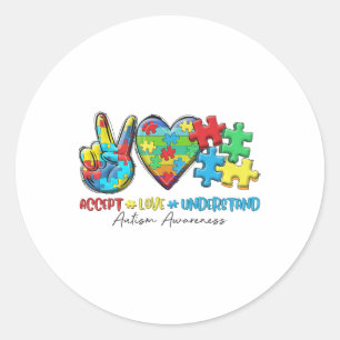 Sticker Rond Peace Love Ribbon Sensibilisation sur l'autisme Ac