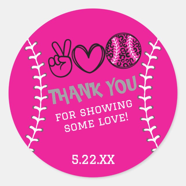 Sticker Rond Peace Love Softball Anniversaire Invitation (Devant)