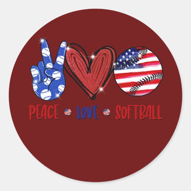 Sticker Rond Peace Love Softball Softball USA Drapeau américain (Devant)