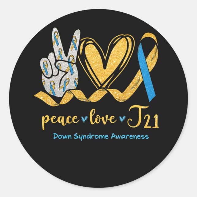 Sticker Rond Peace Love T21 Blue Yellow Ribbon Down Syndrome (Devant)