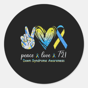 Sticker Rond Peace Love T21 Down Syndrome Awareness Bleu Jaune