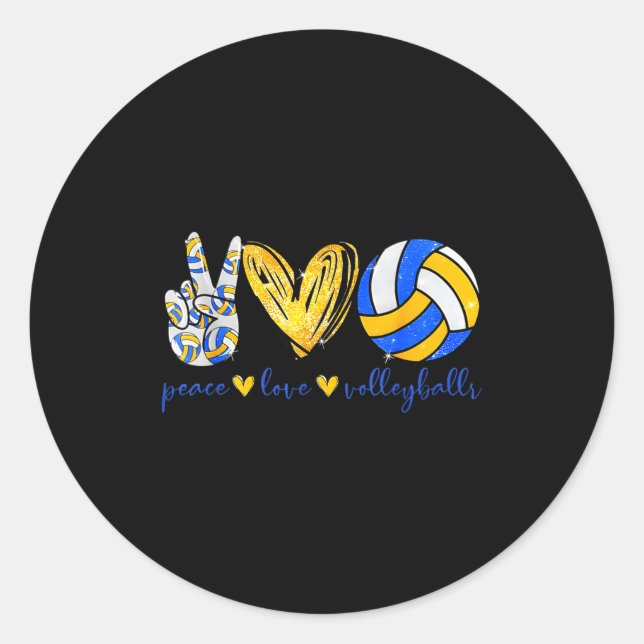 Sticker Rond Peace Love Volleyball Retro Art Volleyball Player  (Devant)
