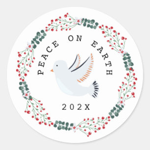 Sticker Rond Peace on Earth Dove Moderne de la couronne botaniq