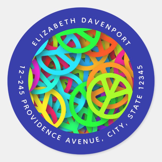 Sticker Rond Peace Sign Motif Super Sixties Vibe Adresse (Devant)