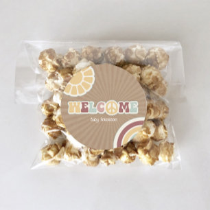 Sticker Rond Peace Super Welcome Baby shower Brown rose Hippie