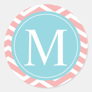 Sticker Rond Peach Chevron Blue Monogram