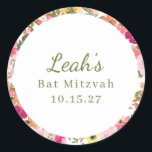 Sticker Rond Peach Pink Yellow Floral Bat mitzvah Nom personnal<br><div class="desc">Aquarelle rose rose jaune tendance Bat mitzvah floral Nom personnalisé Autocollant rond classique</div>