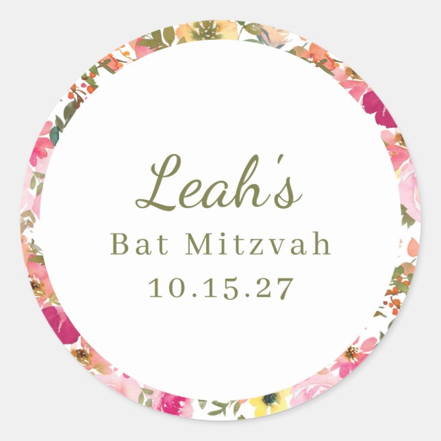 Sticker Rond Peach Pink Yellow Floral Bat mitzvah Nom personnal (Devant)