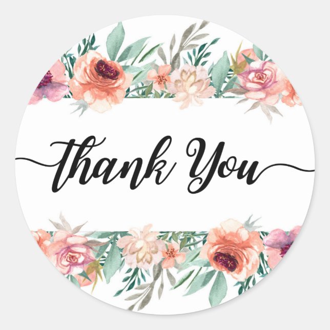 Sticker Rond Peach rose Aquarelle Fleurs Merci moderne (Devant)