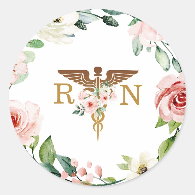 Sticker Rond Peach rose Floral Caduceus Gold RN Gradué (Devant)