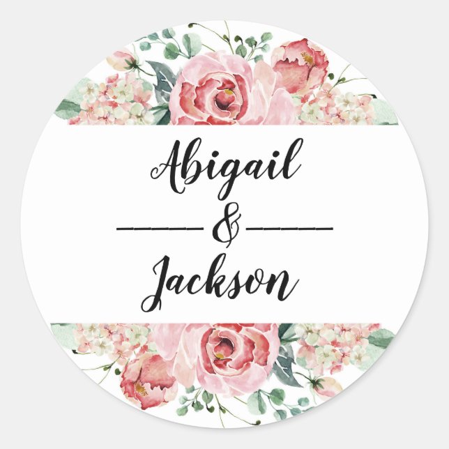 Sticker Rond Peach Watercolor Floral Frame Mariage Monogramme (Devant)
