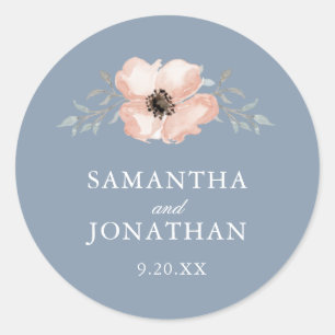 Sticker Rond Peach Watercolor Flower Dark Dusty Blue Mariage