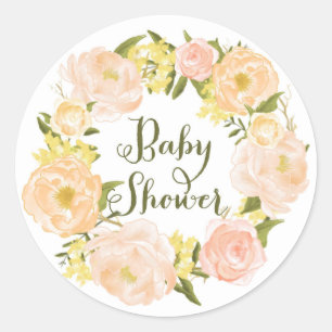 Sticker Rond Peach Watercolor Peonies Baby shower de couronne