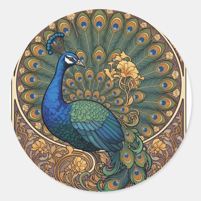 Sticker Rond Peacock Art Nouveau Orné (Devant)