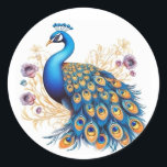 Sticker Rond Peacock Avec Fleurs Violettes<br><div class="desc">Le bel oiseau paon orné de fleurs violettes crée un spectacle captivant et enchanteur. Le paon, connu pour son plumage resplendissant, présente un spectacle fascinant de bleus et de verts vibrants qui brillent à la lumière du soleil. Ajoutant à son charme, le paon est entouré d'une tapisserie luxuriante de fleurs...</div>