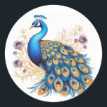 Sticker Rond Peacock Avec Fleurs Violettes<br><div class="desc">Le bel oiseau paon orné de fleurs violettes crée un spectacle captivant et enchanteur. Le paon, connu pour son plumage resplendissant, présente un spectacle fascinant de bleus et de verts vibrants qui brillent à la lumière du soleil. Ajoutant à son charme, le paon est entouré d'une tapisserie luxuriante de fleurs...</div>