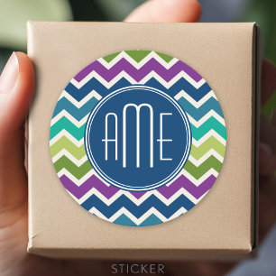 Sticker Rond Peacock Colors Chevron Motif Monogrammes personnal