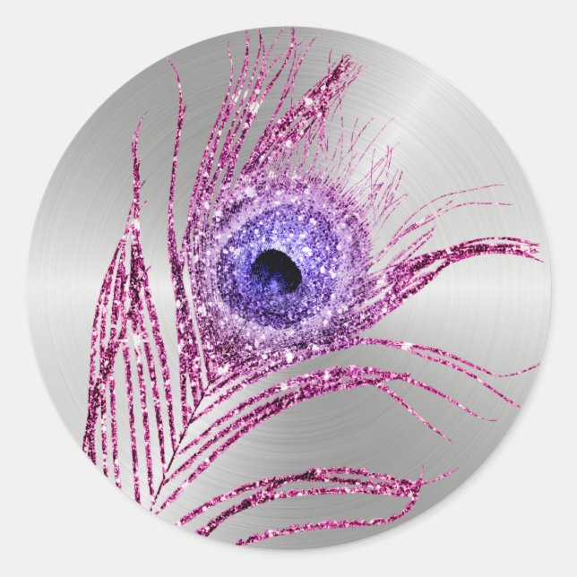 Sticker Rond Peacock Feather Purple Mauve Parties scintillant (Devant)