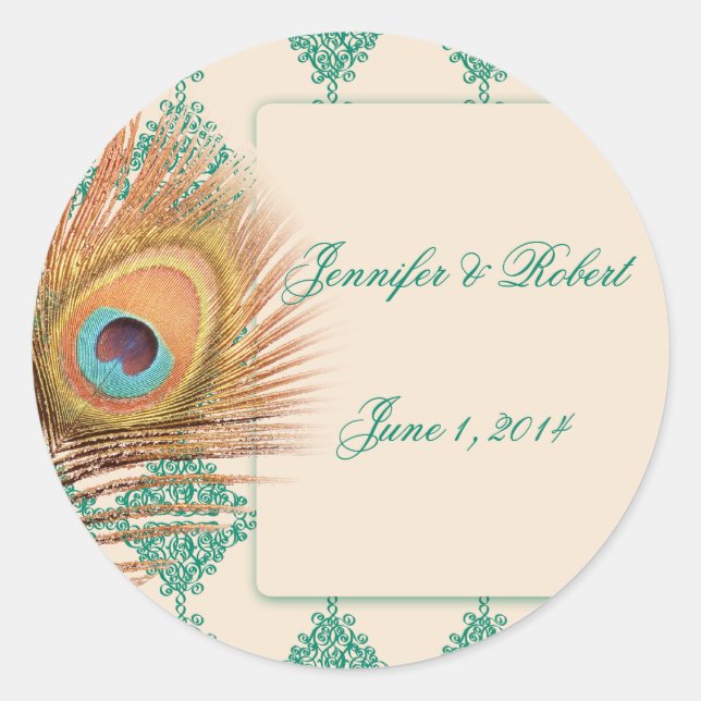Sticker Rond Peacock Feather sur Teal Marocain Enveloppe Seal (Devant)