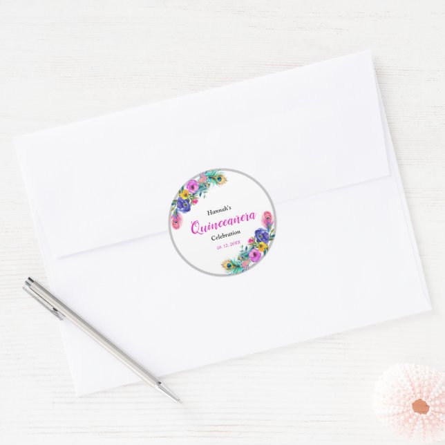 Sticker Rond Peacock Feathers & Fleurs Quinceañera Blanc (Enveloppe)