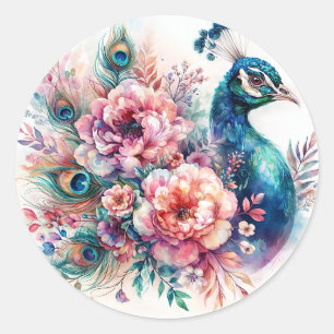 Sticker Rond Peacock Floral Aquarelle Portrait