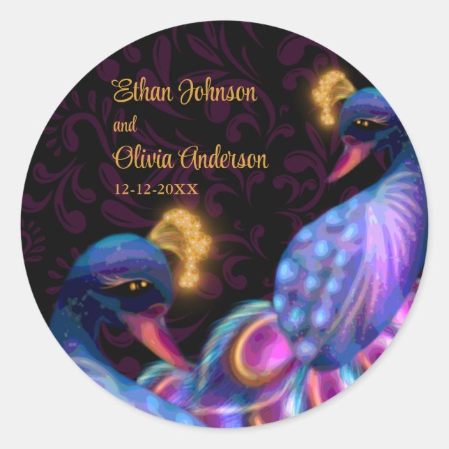Sticker Rond Peacock Jewel Tones Mariage Floral Moody violet (Devant)