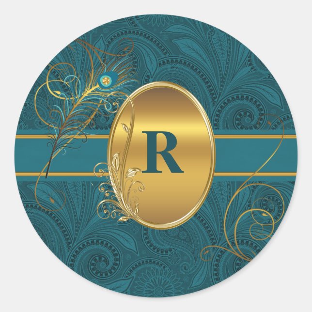 Sticker Rond Peacock monogramme Turquoise avec Gold Round (Devant)
