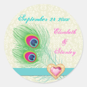 Sticker Rond Peacock plumes bijou coeur mariage Enregistrer la 