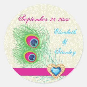 Sticker Rond Peacock plumes bijou coeur mariage Enregistrer la