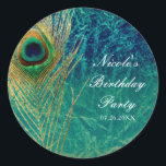 Sticker Rond Peacock Plumes Bleu Turquoise Or Exotique Personna<br><div class="desc">Peacock Feather Blue Turquoise Or Exotic Personnalisé Stickers Favor. Customisez avec le texte que vous voulez.</div>