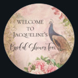 Sticker Rond Peacock Vintage Elegant Peony Fête des mariées ros<br><div class="desc">Jolie Fête des mariées rose vif, élégante et élégante, peinte vintage Peacock avec des fleurs rose vif Peony avec typographie de style Art Déco et une fine bande d'or rose met en valeur un thème pour votre journée spéciale ! Art dessiné graphiquement par Audrey Jeanne Roberts, artiste et designer de...</div>