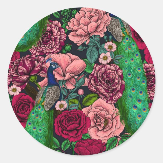 Sticker Rond Peacocks dans le jardin rose 2 (Devant)