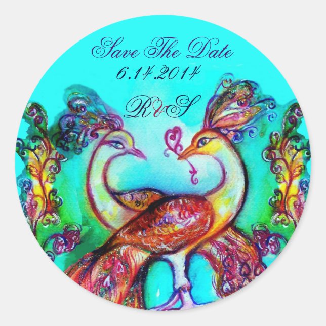 Sticker Rond PEACOCKS IN LOVE MONOGRAM Enregistrer la date (Devant)