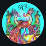 Sticker Rond PEACOCKS IN LOVE MONOGRAM rouge bleu turquase vert<br><div class="desc">Elégante, fantaisie et colorée aquarelle peinture en turquoise, rouge, fuchsia, turquoise couleur jaune avec feuille dorée et argent.Facile à customiser avec votre propre texte comme une carte faire-part, cartes de place, enregistrer la date, cartes de remerciement, douches nuptiales, anniversaires, fêtes, douches fiançailles, ou à peu près tout événement que vous...</div>