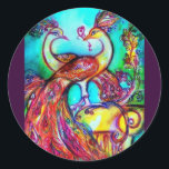 Sticker Rond PEACOCKS IN LOVE MONOGRAM rouge bleu turquase vert<br><div class="desc">Design élégant, classe .Peinture d'aquarelle blanche et colorée en bleu turquoise, rouge, fuchsia, couleurs turquoise bleu jaune avec feuille d'or et d'argent .Facile à customiser avec votre propre texte comme une carte de faire-part, cartes de place, enregistrer la date, merci cartes, douches nuptiales, anniversaires, fêtes, douches fiançailles, ou à propos...</div>