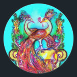 Sticker Rond PEACOCKS IN LOVE MONOGRAM rouge bleu turquase vert<br><div class="desc">Design élégant, classe .Peinture d'aquarelle blanche et colorée en bleu turquoise, rouge, fuchsia, couleurs turquoise bleu jaune avec feuille d'or et d'argent .Facile à customiser avec votre propre texte comme une carte de faire-part, cartes de place, enregistrer la date, merci cartes, douches nuptiales, anniversaires, fêtes, douches fiançailles, ou à propos...</div>