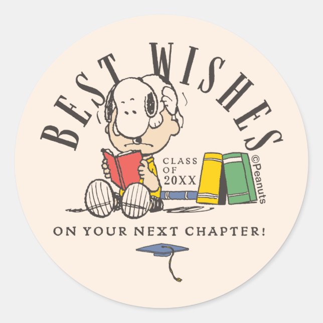 Sticker Rond Peanuts Best Wishes Graduation Snoopy Reading (Devant)