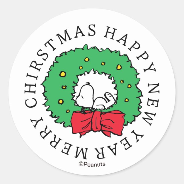 Sticker Rond Peanuts | Couronne de Noël Snoopy Classique Rond S (Devant)