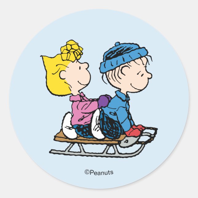 Sticker Rond Peanuts | Sally & Linus en traîneau (Devant)