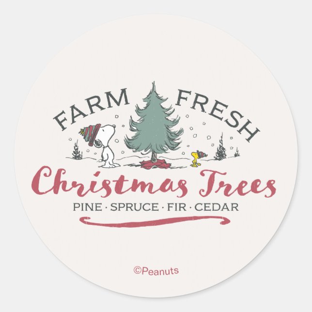 Sticker Rond Peanuts | Sapins de Noël frais de la ferme (Devant)