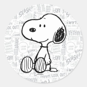 Sticker Rond PEANUTS   Snoopy on Black White Comics