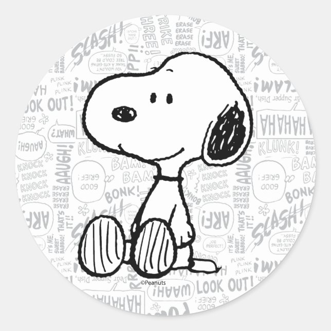 Sticker Rond PEANUTS | Snoopy on Black White Comics (Devant)