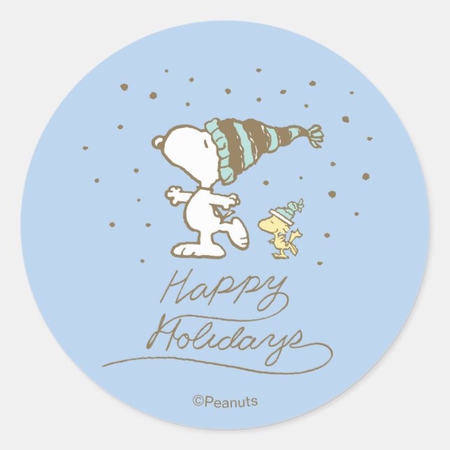 Sticker Rond Peanuts | Snoopy & Woodstock Winter Skating (Devant)