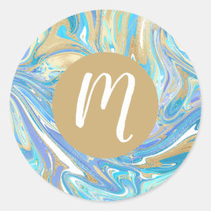 Sticker Rond Pearlescent Aqua & Gold Liquide Marbre & Monogramm