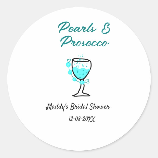 Sticker Rond Pearls and prosecco bridal shower blue black name  (Devant)