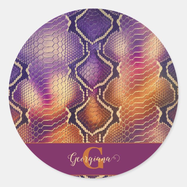 Sticker Rond Peau de serpent chatoyante en violet et or monogra (Devant)