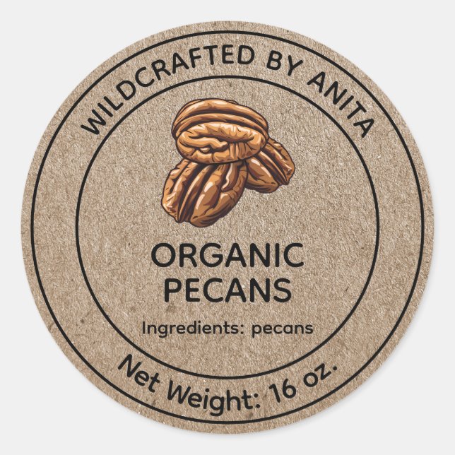 Sticker Rond Pecans Bio Sauvage Style Papier Kraft (Devant)